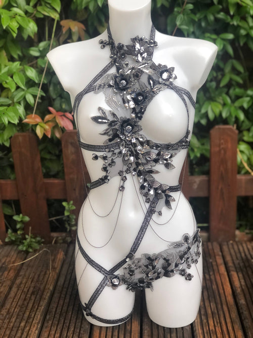 Body harnais en broderie en lurex anthracite