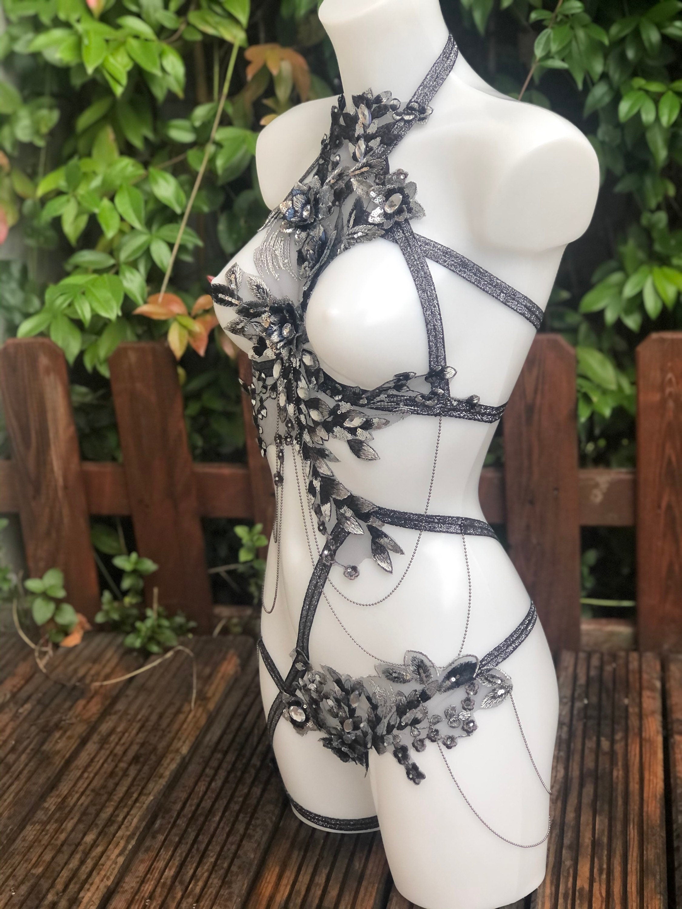 Body harnais en broderie en lurex anthracite