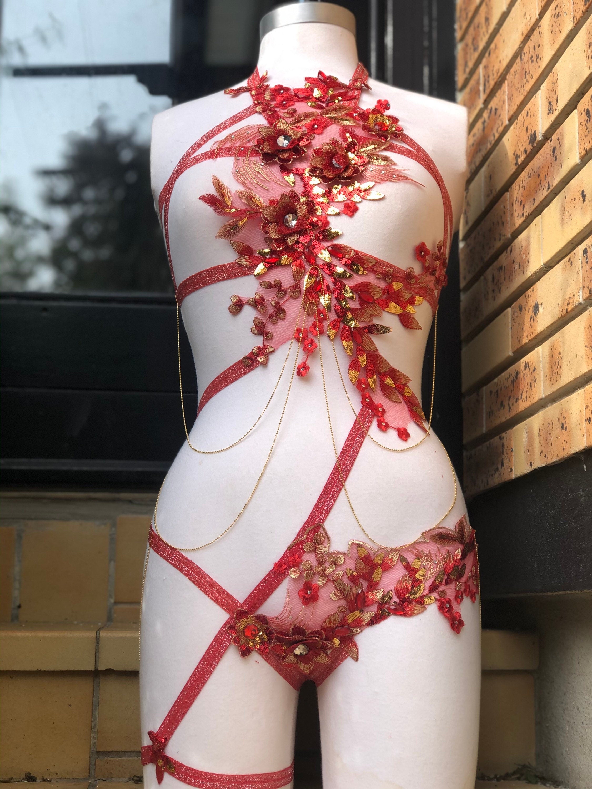 Harnais brodé sexy érotique lingerie en lurex