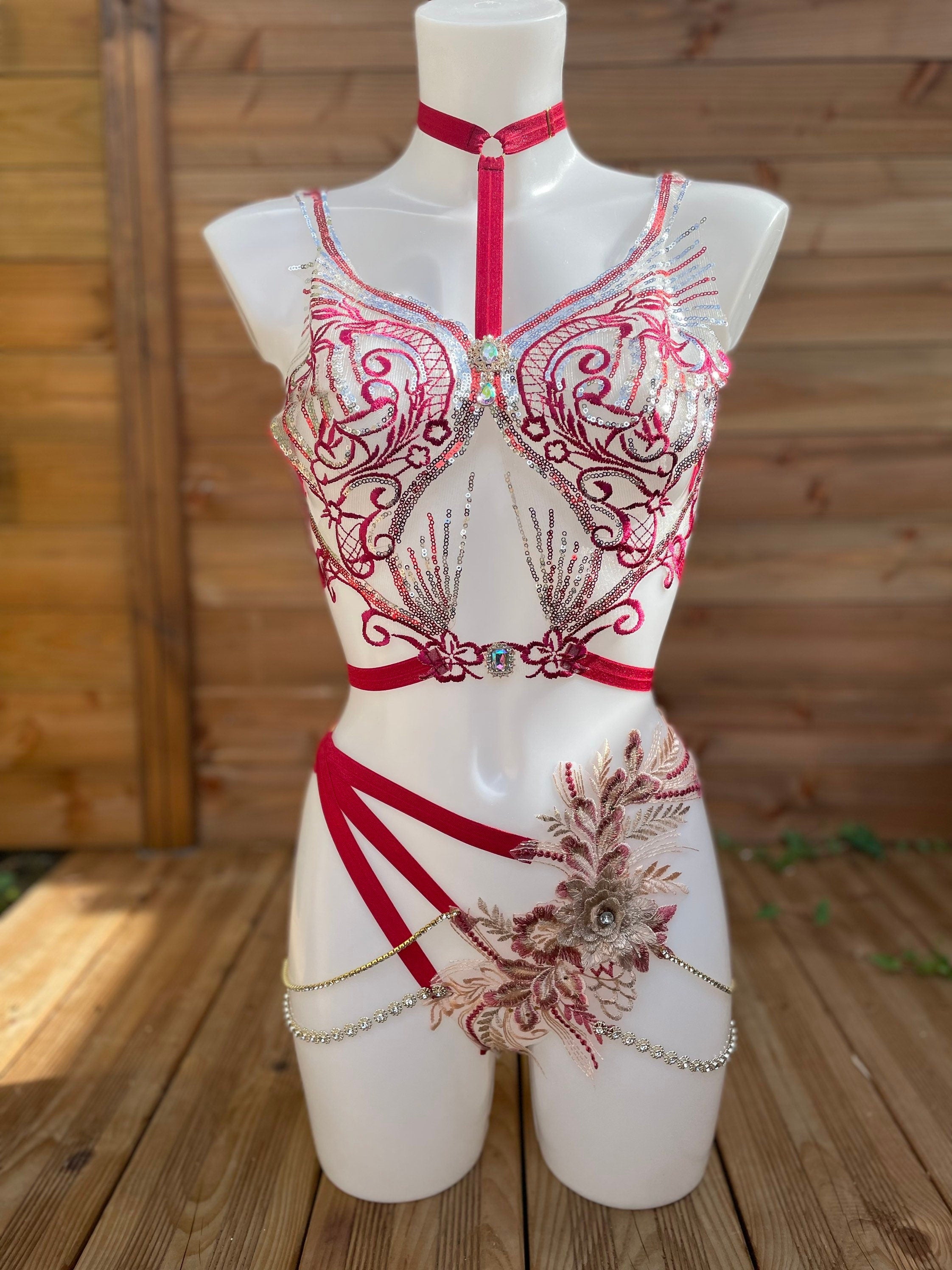 Ensemble lingerie sexy en tulle sequins et élastique bordeaux et mordoré