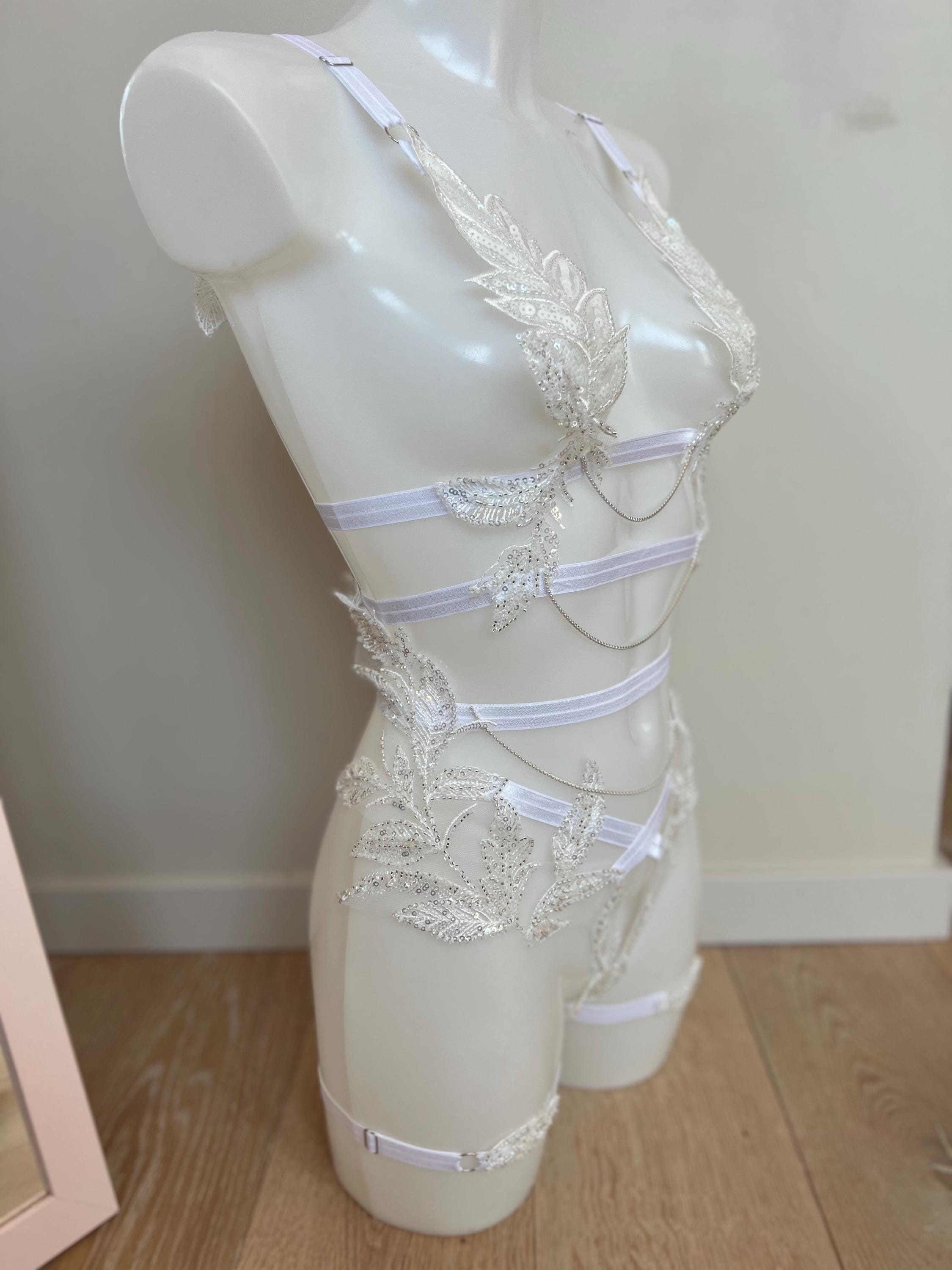 Body précieux blanc en dentelle motifs feuilles
