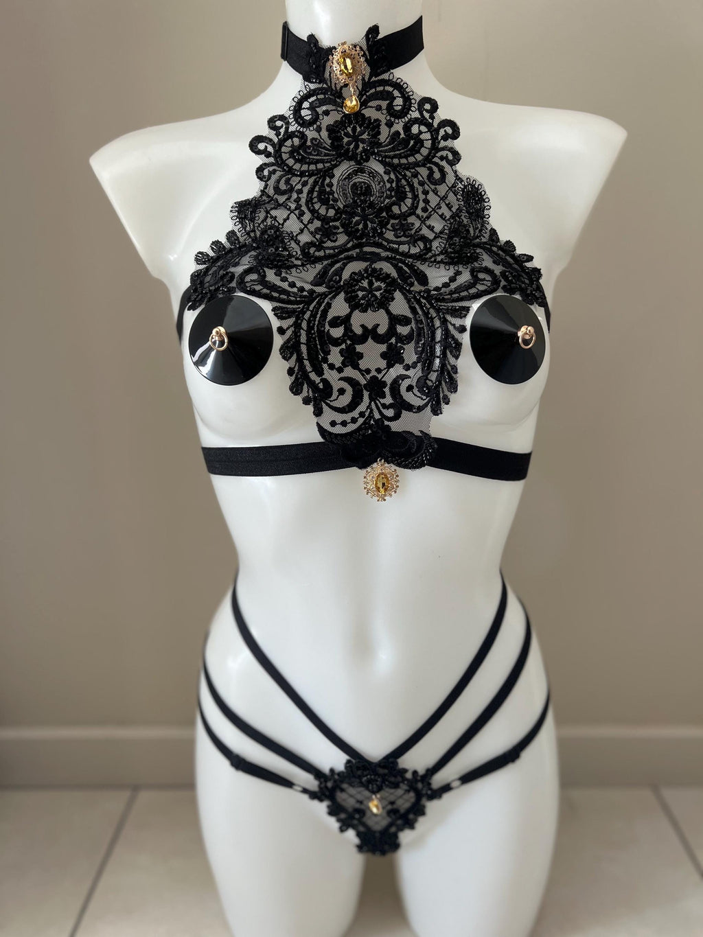 ensemble de lingerie 3 pièces en perles noir