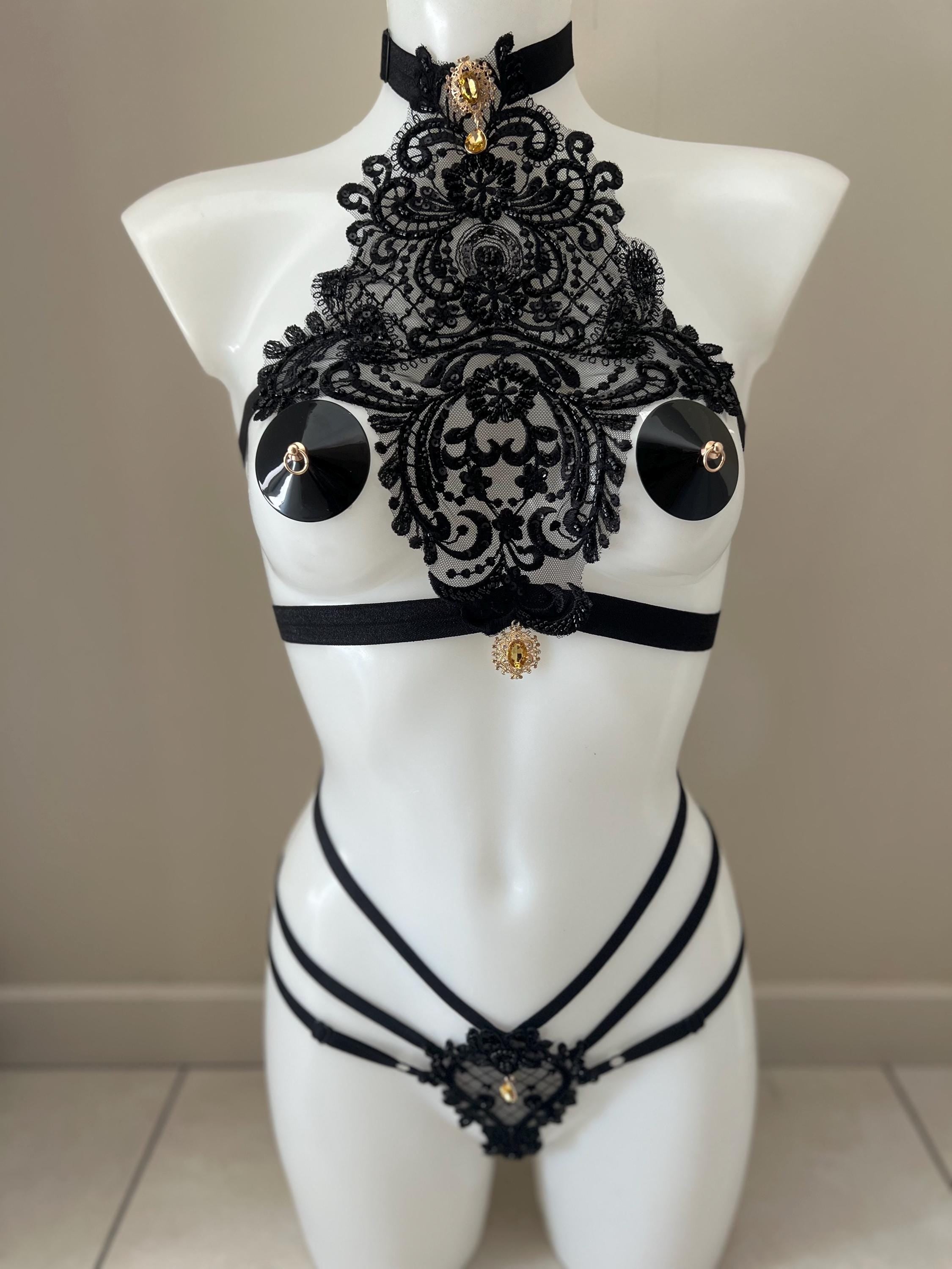 ensemble de lingerie 3 pièces en perles noir