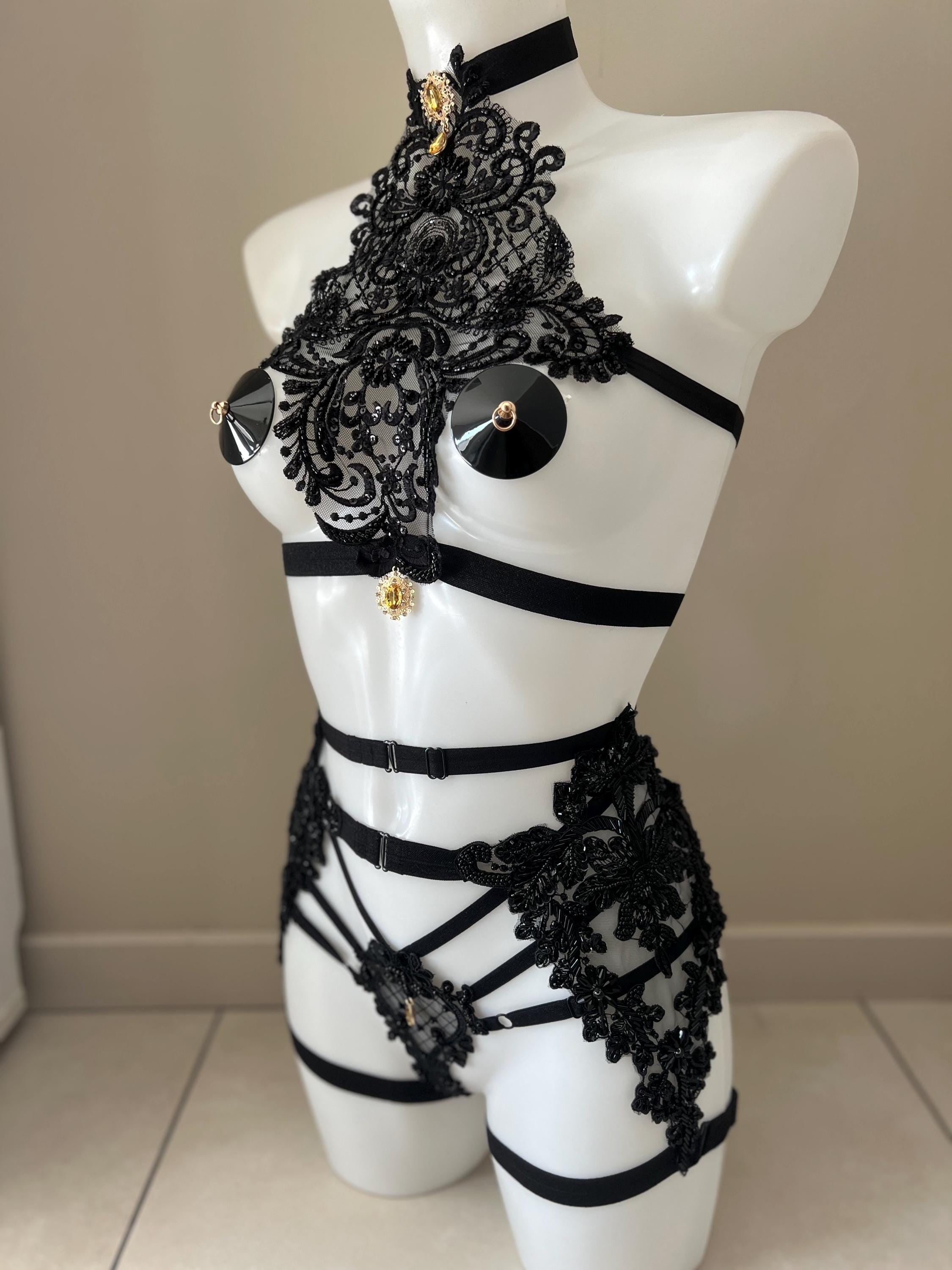 ensemble de lingerie 3 pièces en perles noir
