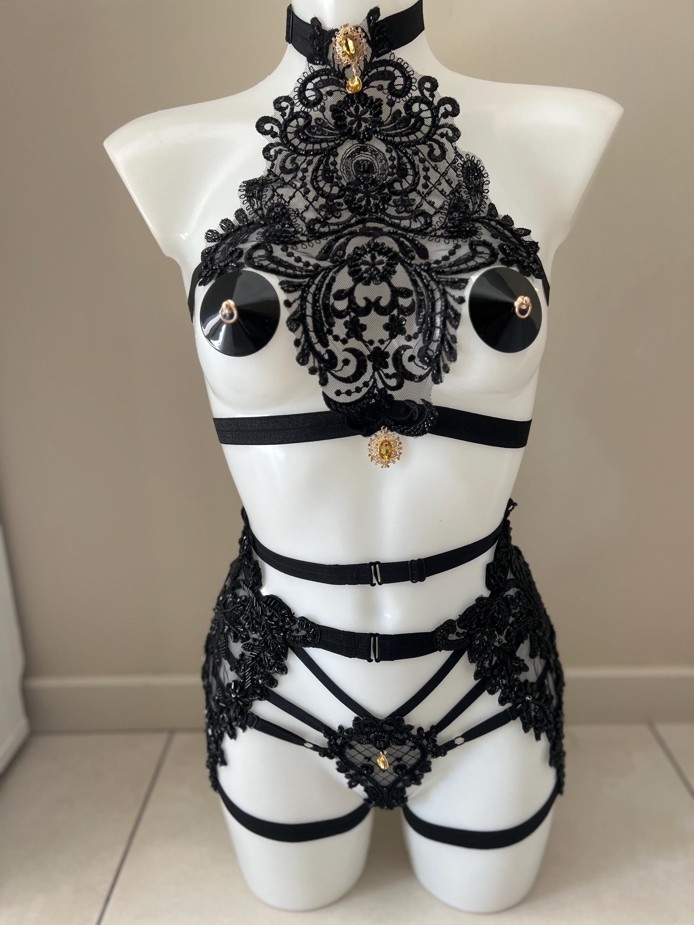ensemble de lingerie 3 pièces en perles noir
